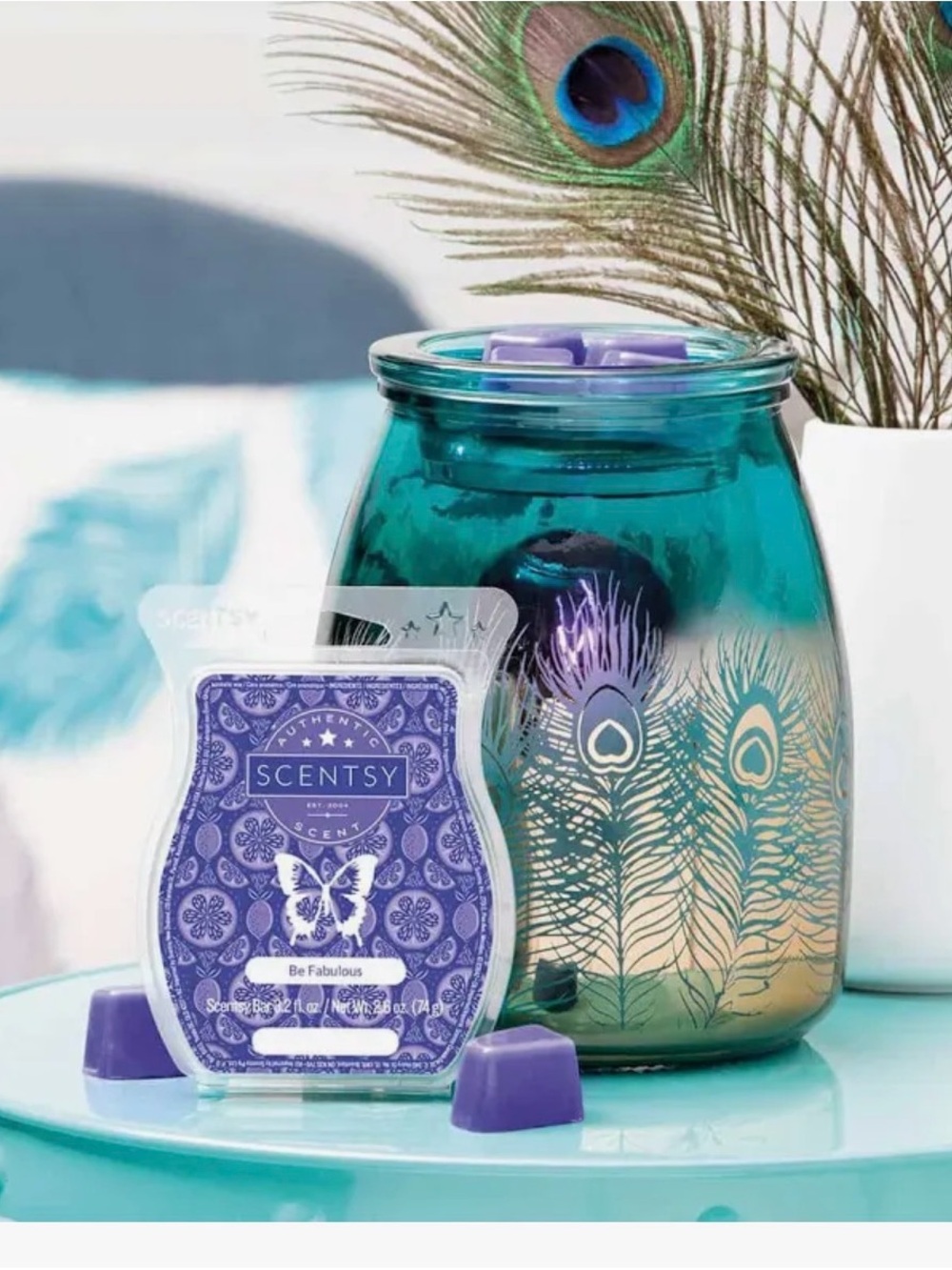 Rare teal Glass Decorative Wax Warmer with Peacock Feather Motif